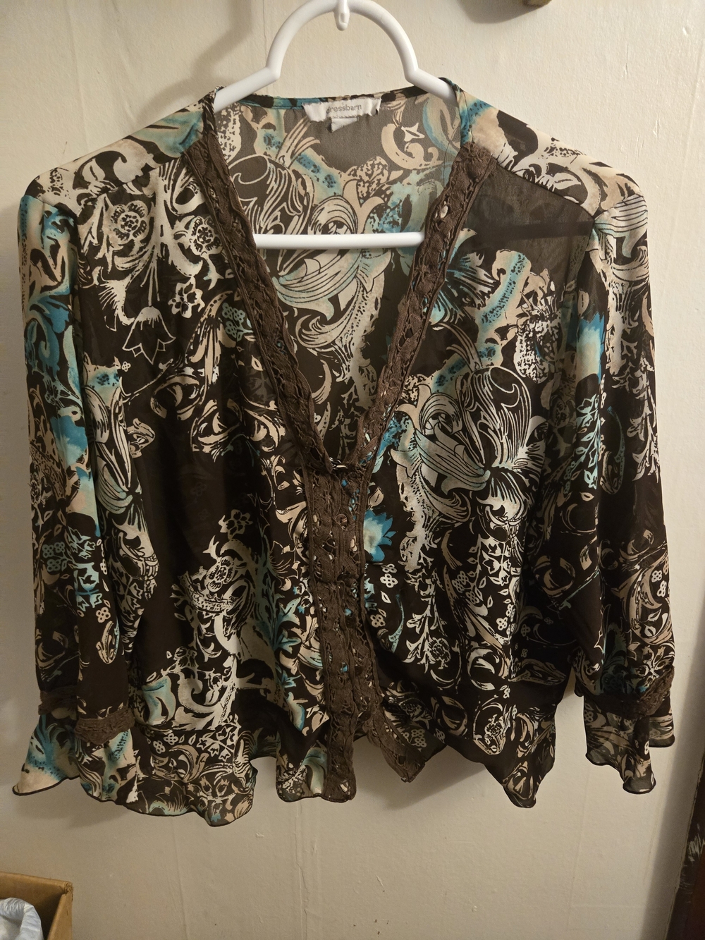 Boho Floral Button-Front Sheer Blouse - Brown & Teal